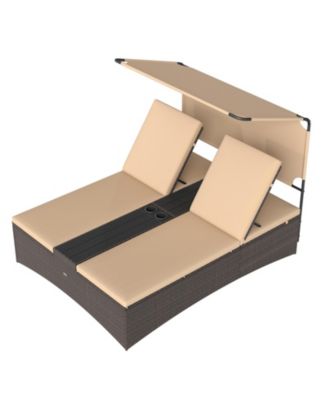 Daybed w/ Adjustable Backrests 2-Person PE Rattan Patio Bed w/ Canopy Outdoor