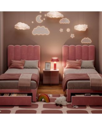 2 Sets Twin Bed Frame with Under-Bed Drawer, Upholstered Platform Bed with Wave Headboard for Kids/Girls, Wooden Slats Support