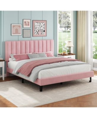 Velvet Upholstered Platform Bed Frame with Adjustable Headboard, No Box Spring Needed, Easy Assembly