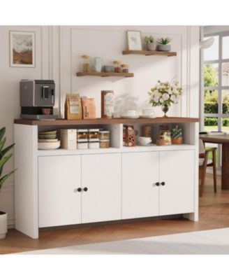 55" Farmhouse Buffet Sideboard Cabinet, Large Wood Storage with 4 Doors & Adjustable Shelves, Coffee Bar for Kitchen, Dining Room