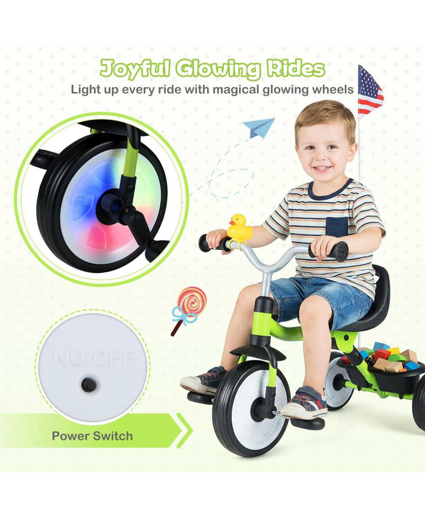 Детская игрушка Mecale Toddler Tricycle, 3-in-1 Convertible with LED Wheels and Storage Basket, Ages 3+, цвет: Зелёный — фото 8