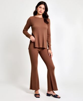 Women's Ribbed Knit Long Sleeve Top and Flared Pants Lounge Set