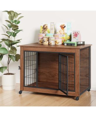38.6" Dog Crate Furniture with Wheels, 2-Door Heavy Duty Indoor Kennel & End Table for Small Dogs