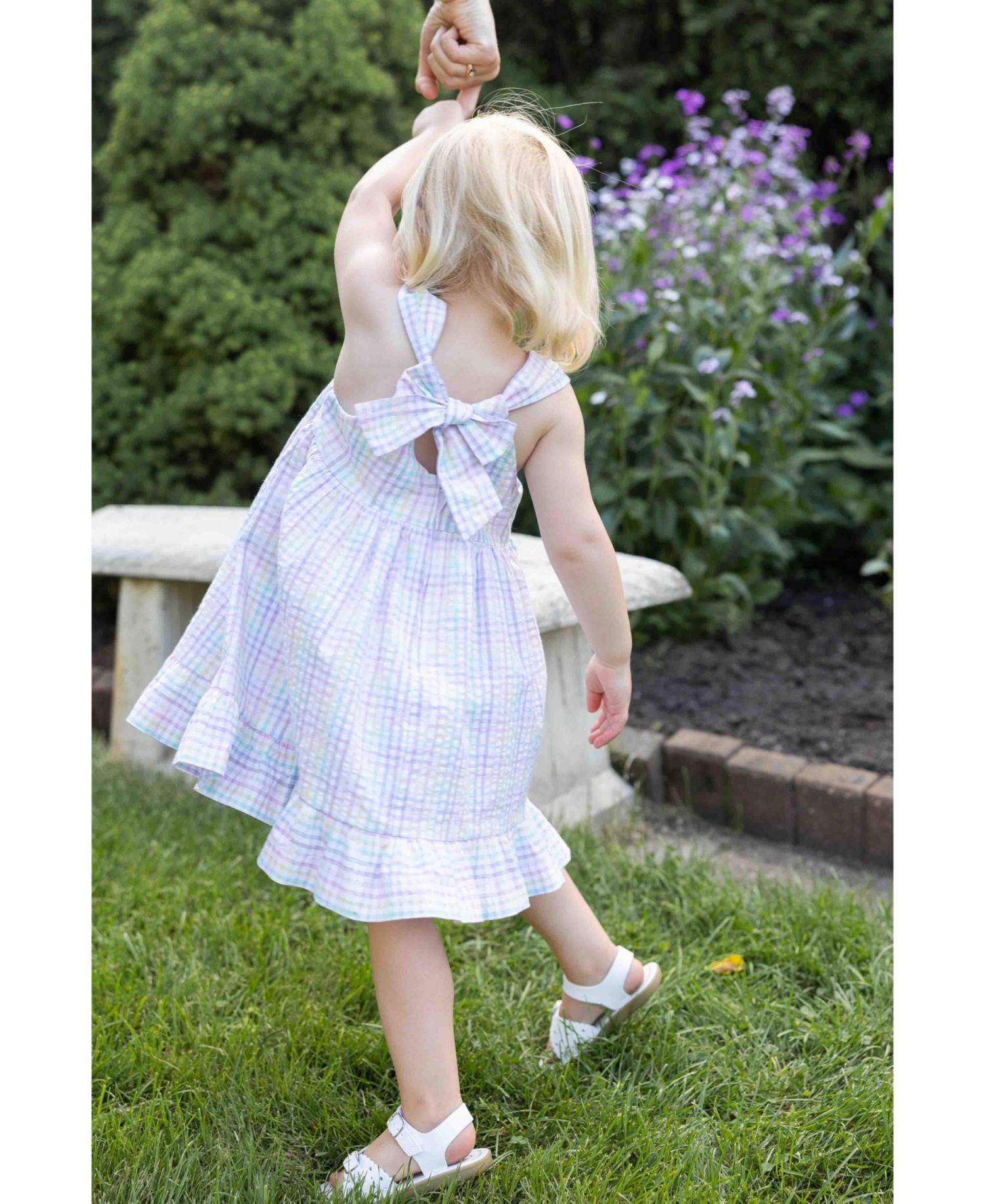 Little Girls Plaid Seersucker Dress With Flowers