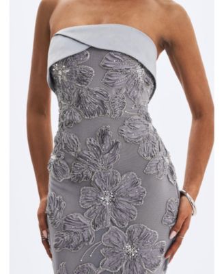 Women's Raphaela Silver Beaded Floral Strapless Mermaid Maxi Dress