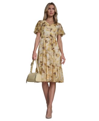 Women's Flutter-Sleeve Floral Print Midi Dress