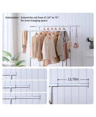 Double Clothing Garment Rack, Double Rod Rolling Clothing Rack, Portable Collapsible Hanging Rack with Shelves, Capacity 800lbs for Bedroom