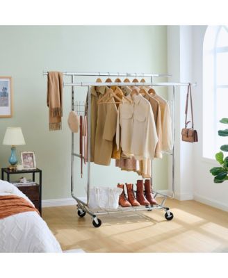 Double Clothing Garment Rack, Double Rod Rolling Clothing Rack, Portable Collapsible Hanging Rack with Shelves, Capacity 800lbs for Bedroom