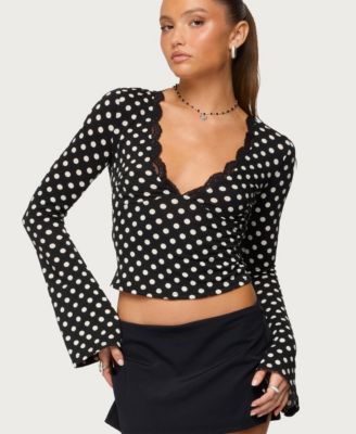 Women's Polka Dot Lacey Plunge Neck Top