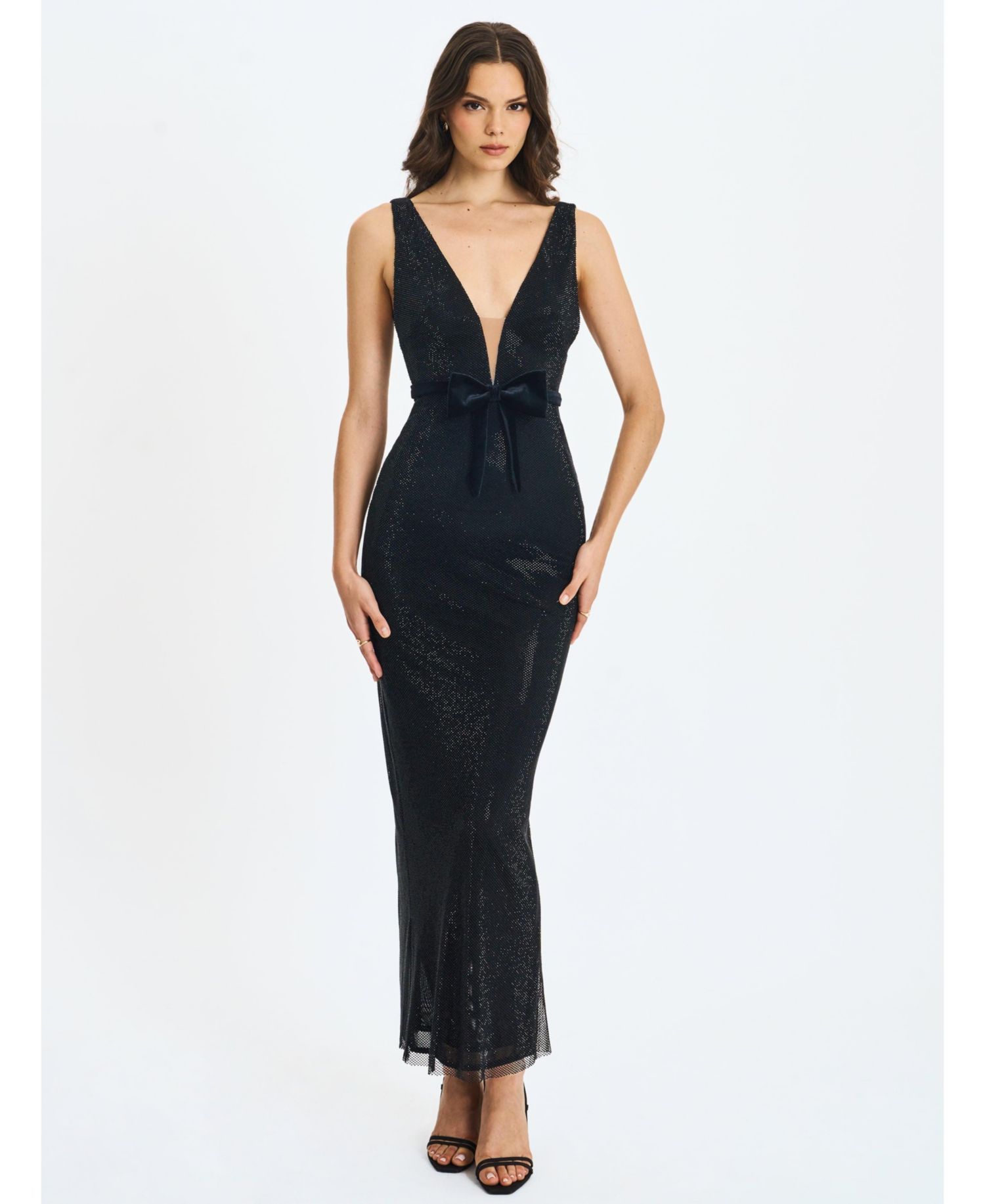 Women's Olympia Belted Bow Plunging Rhinestone Maxi Dress