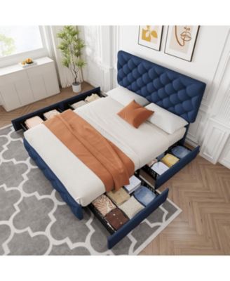Full Size Bed Frame with 4 Storage Drawers and Adjustable Headboard, Linen Upholstered Platform Beds