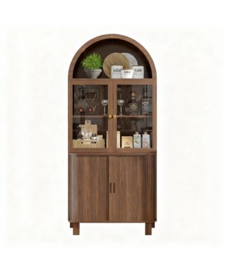 Arched Kitchen Pantry Cabinet with Adjustable Shelves and Tempered Glass Doors
