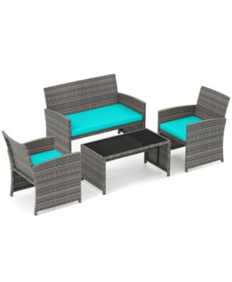 Set of 4 Patio Conversation Set w/Seat Cushions & Tempered Glass Tabletop Porch Turquoise