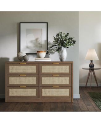 53" Rattan Dresser 6 Drawer Wooden Chest with Gold Handles, Modern Storage Organizer with Smooth Glide Drawers