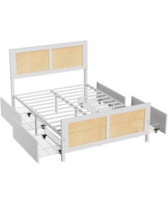 Rattan Bed Frame with Headboard, Boho Cane Platform Full Size Bed Frame with 4 Drawers, Strong Metal Slats Support, Noise Free
