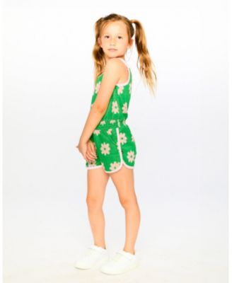 Big Girls Terry Cloth Sleeveless Jumpsuit Green Printed Flowers