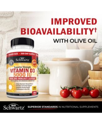 Vitamin D3 5000 IU (125 mcg) Natural Immune Support Supplement, Bone Strength, Healthy Muscle Function, 360 Softgels