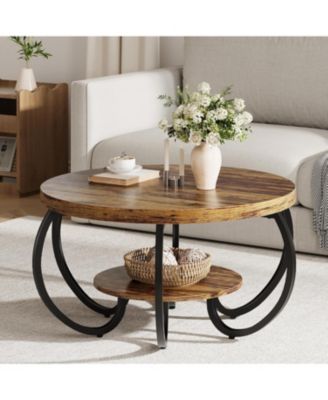Round Coffee Table 30" Center Table, 2-Tier Coffee Table Industrial Tables with Adjustable Feet, Living Room Tables with Storage Shelf