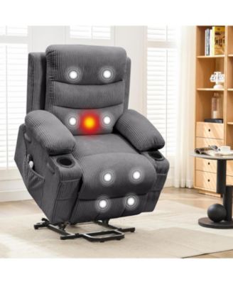 Electric Lift Recliner with Massage & Heat for Elderly, PU Leather Big & Tall Reclining Chair with Cup Holders & Storage