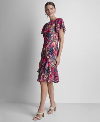 Petite Flutter-Sleeve Jewel Neck Dress