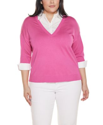 Plus Size Woven-Collar Twofer Sweater