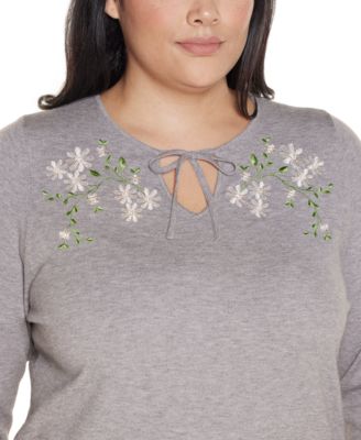 Plus Size Embroidered-Flower Split-Neck Sweater