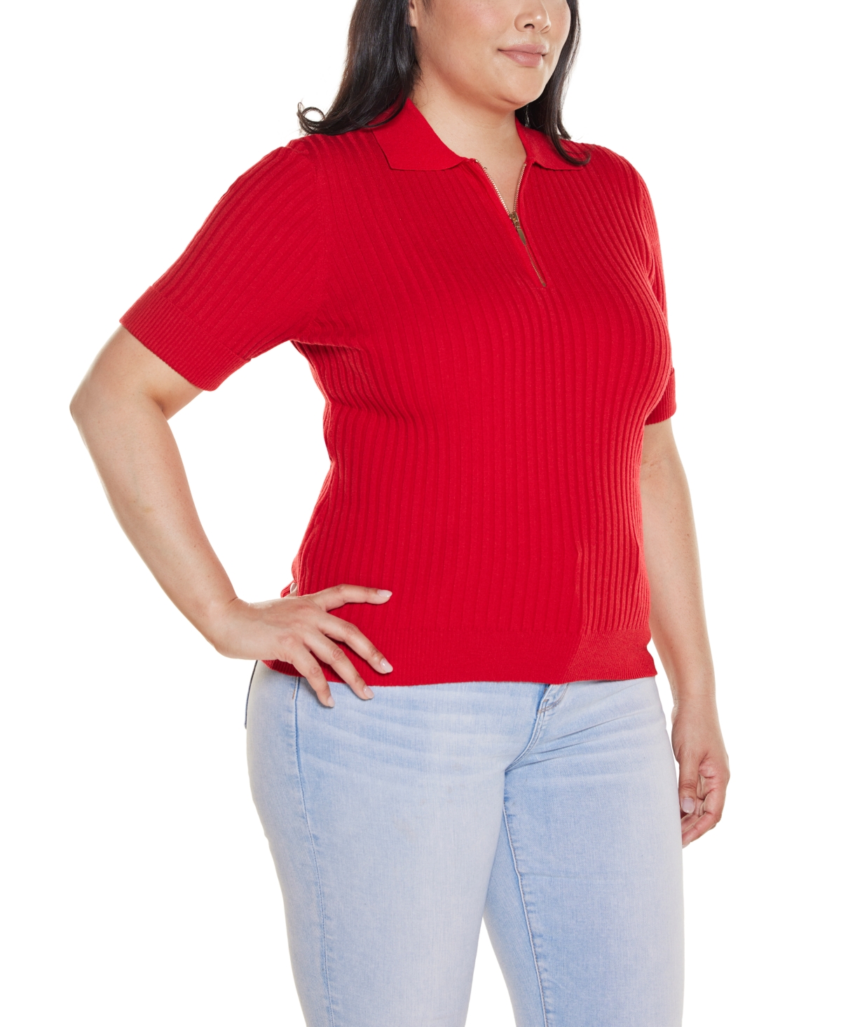 Belldini Plus Collared Quarter-Zip Ribbed-Knit Sweater