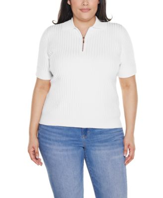 Plus Size Collared Quarter-Zip Ribbed-Knit Sweater