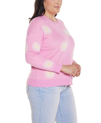 Plus Size Jacquard-Flower Crew Neck Sweater