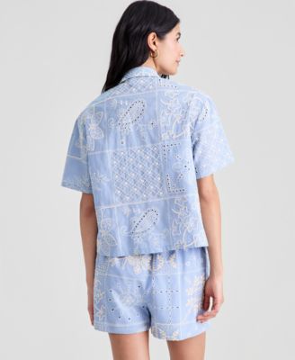 Women's Cotton Patchwork-Embroidered Camp Shirt