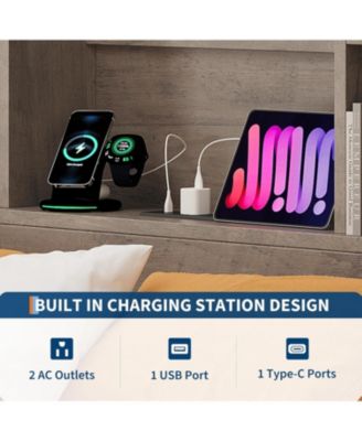 Full Size Bed Frame with High Storage Bookcase Headboard, Wood Bed Frame with 4 Storage Drawers, Built in Charging Station, Noise-Free
