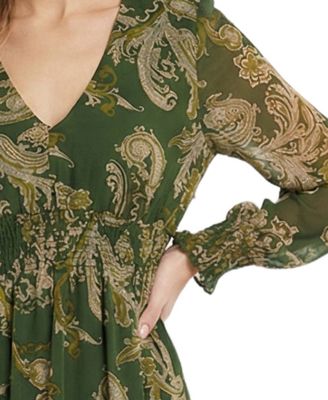 Petite Long-Sleeve Clip Dot Chiffon Dress With Smocked Waist and Cuffs