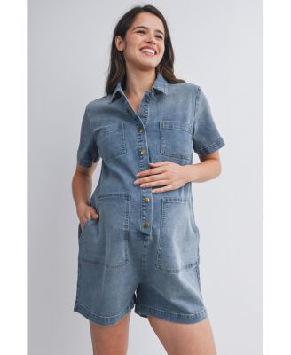 Maternity Nursing-Friendly Button Down Collared Short Sleeve Romper