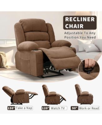 Recliner Chair, Comfy Overstuffed Chair with 3 Reclining Positions, 2 Side Pockets, 2 Front Pockets, Cup Holder