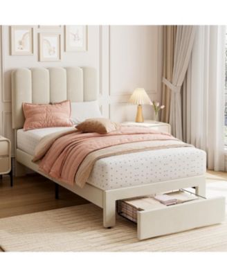 2 Sets Twin Bed Frame with Under-Bed Drawer, Upholstered Platform Bed with Wave Headboard for Kids/Girls, Wooden Slats Support