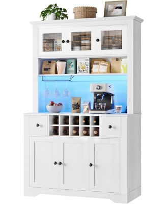 68.7 " Pantry Cabinet with LED Light and Charging Station, Kitchen Pantry Storage Cabinet with Countertop