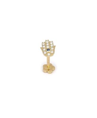 Solid 14k , 18G Cubic Zirconia Hamsa Hand of God Labret Cartilage Flat-back Piercing