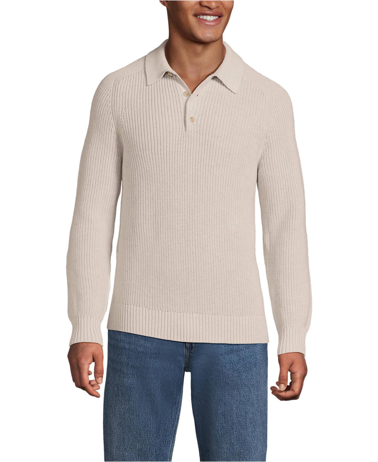 Мужской свитер Lands' End Long Sleeve Drifter Polo Sweater, цвет: Меланжевый — фото 1