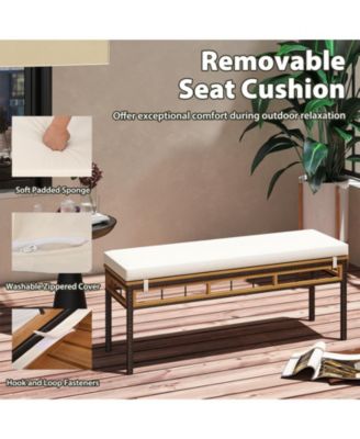 2Pcs Wicker Patio Bench/Acacia Wood Seat Removable Padded Cushion for Deck