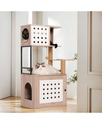 All-in-One Cat Tree with Litter Box Enclosure, Hammock, Bed, Feeding Station, and Scratching Posts