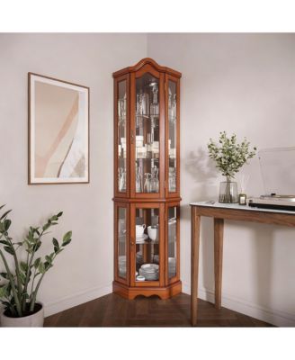 Antique-Style Corner Curio Cabinet with Adjustable Shelves and Light
