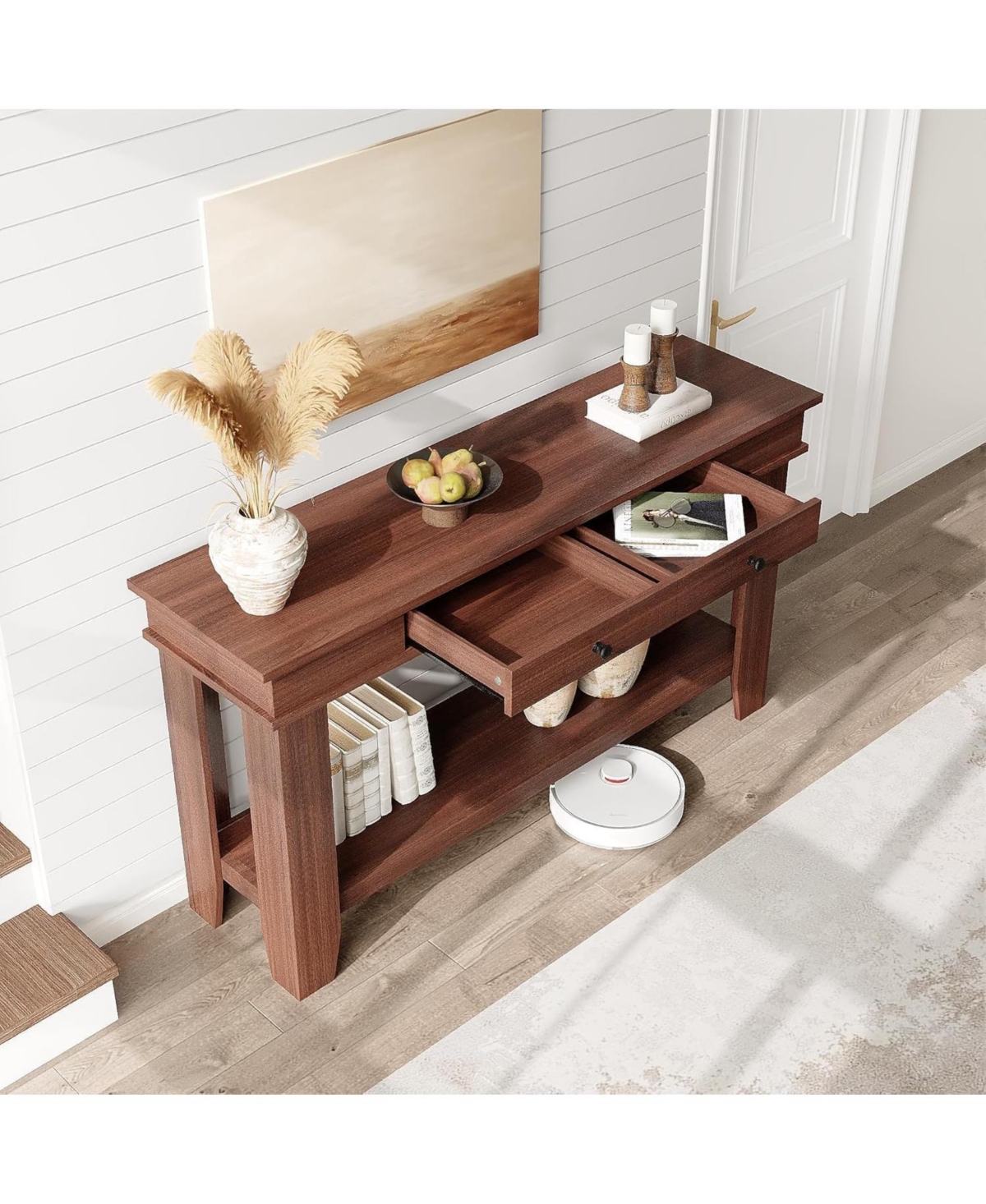 gaomon 54" Long Console Table, Wooden Entryway Table with 2 Drawers & Open Storage Shelf, Sofa Behind Couch, Farmhouse Entry Foyer