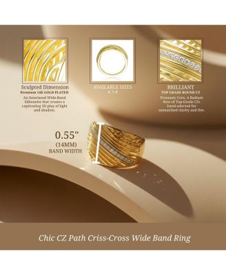 Chic 14K Gold Plated CZ Path Criss-Cross Wide Band Ring