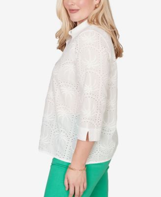 Women's Resort Living Eyelet Palm Tree Button-Front Top