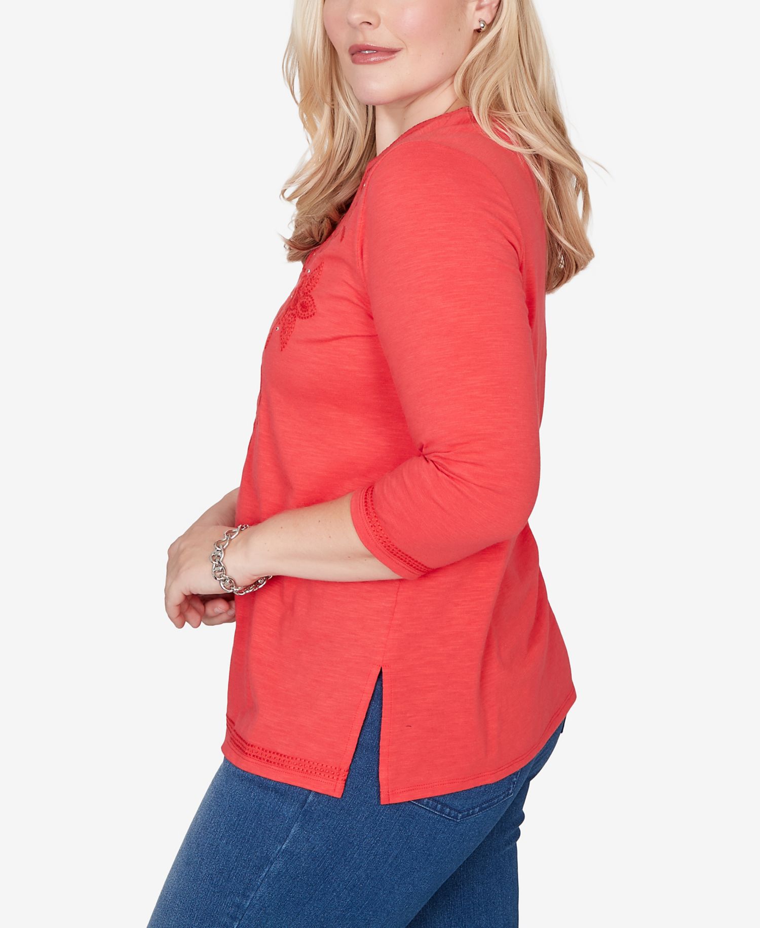 Women's Port Side Tonal Embroidered Split-Neck Top