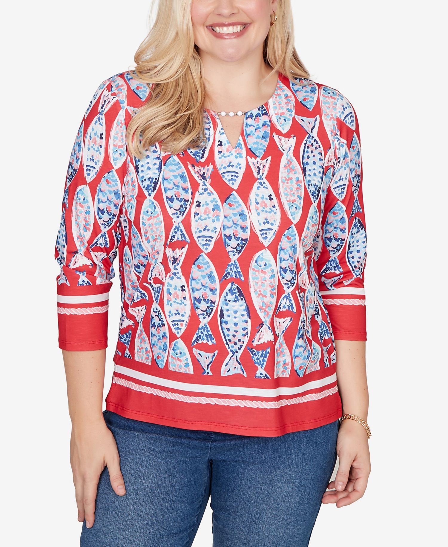 Women's Port Side Mosaic Fish Split Beaded Neck Top