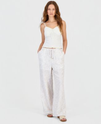 Juniors' Floral Embroidered Wide-Leg Drawstring Pants