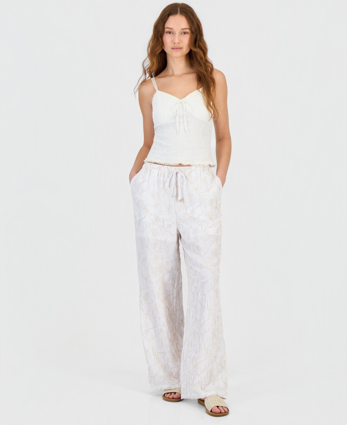 Женские Sincerely Jules Juniors' Floral Embroidered Wide-Leg Drawstring Pants — фото 1