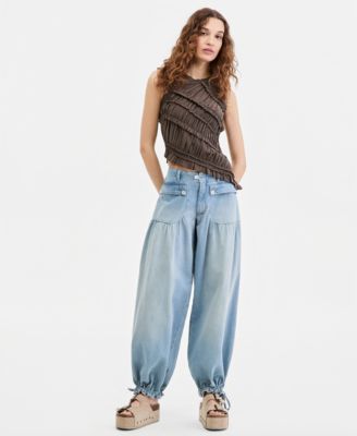 Women's Sleeveless Smocked Tank Top & Mid-Rise Balloon Jeans 