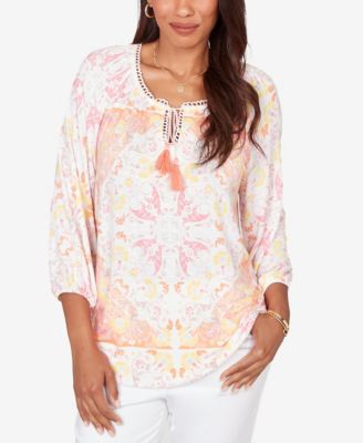 Petite Tapestry Print Drawstring Peasant Top